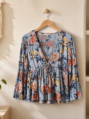 Floral V-Neck Peplum Top - Gray with Peach & Yellow Flowers